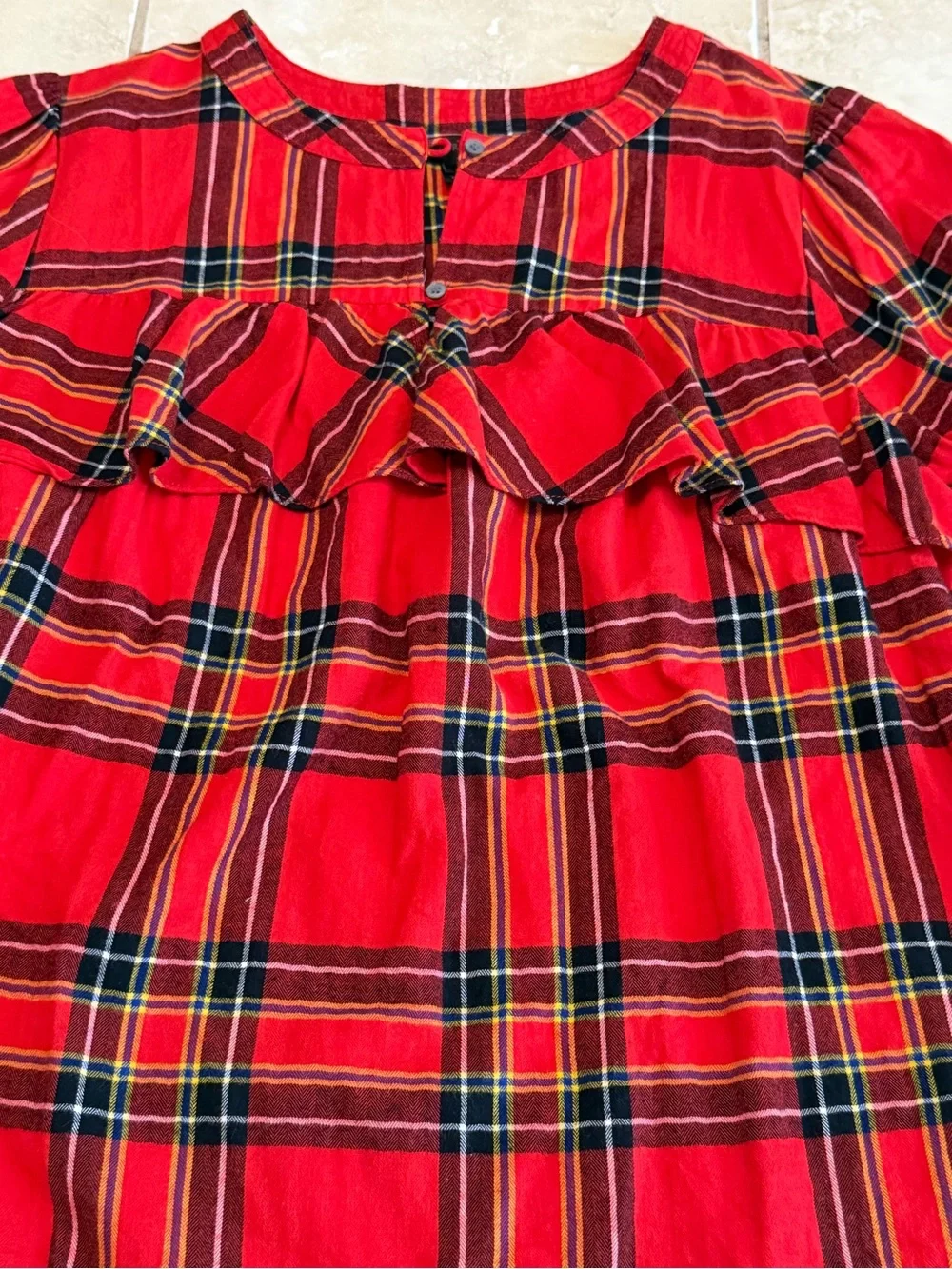 J.Crew Girls Small Red Plaid Ruffle Tunic Top Long Sleeve Holiday Christmas